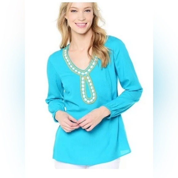 Lilly Pulitzer Tops - Lilly Pulitzer Tunic Top in Deep Cyan Blue Size S Gold Beaded Embellished